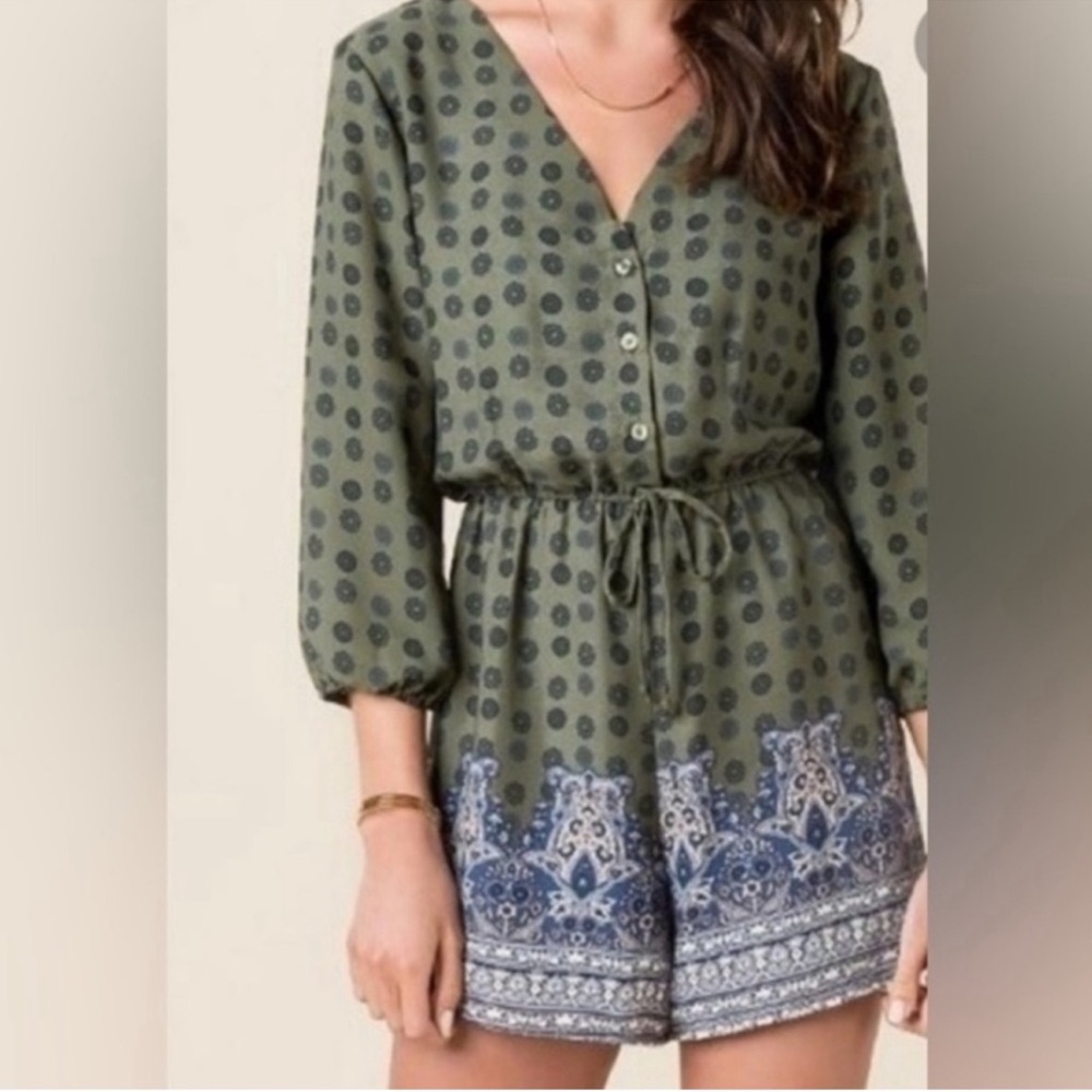 Alya olive green and navy geometric floral medallion boutique romper medium